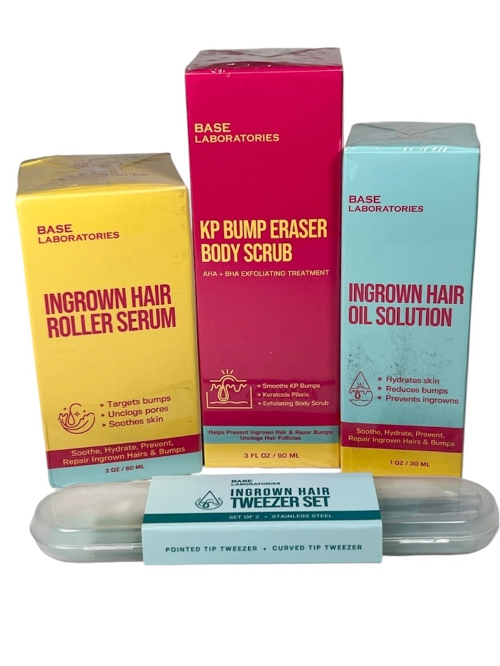 Base Laboratories Ingrown Hair Serum, Body Scrub, Oil Solution & Tweezers Kit